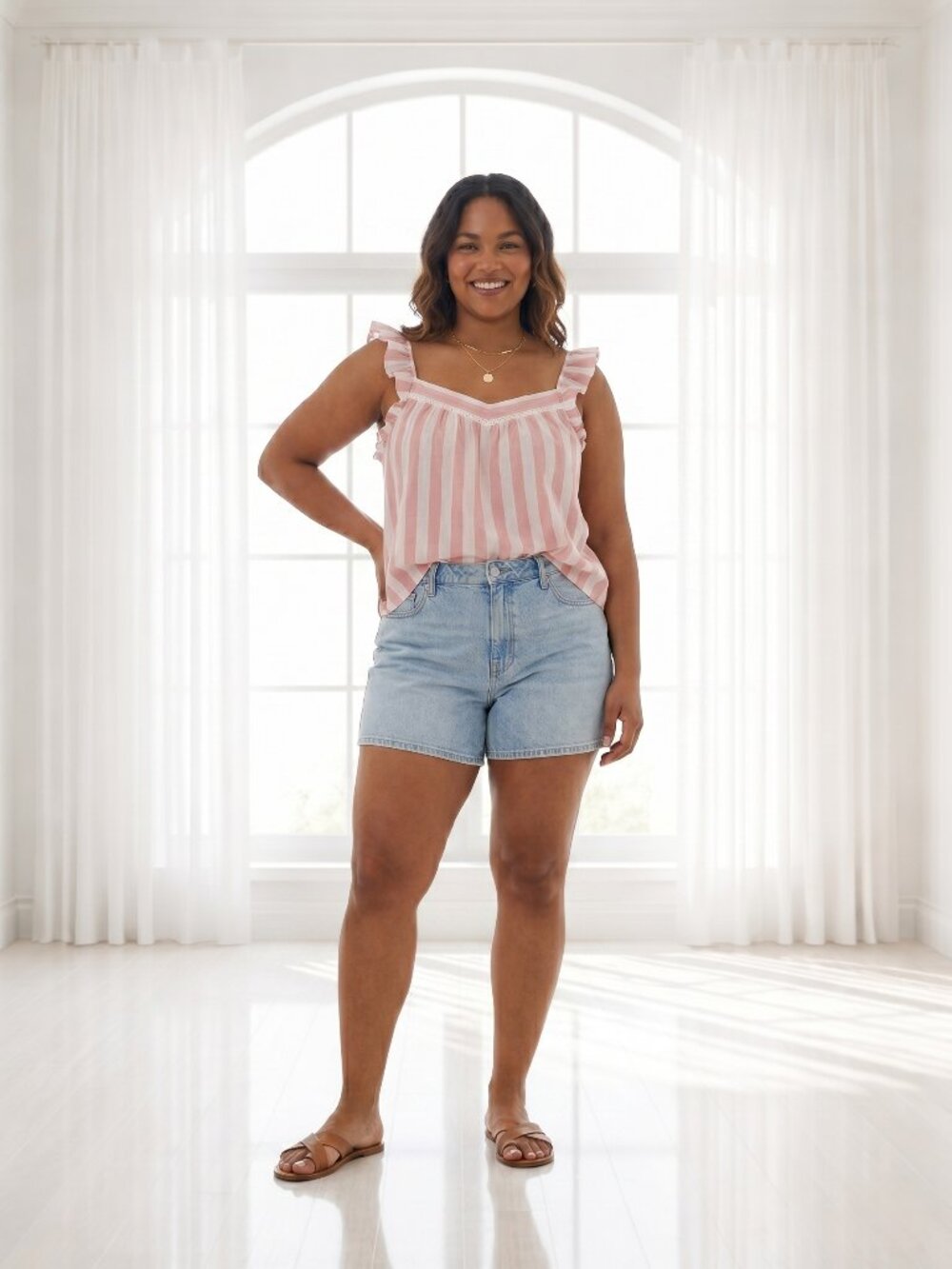 2/$20 Sincerely Jules Pink Striped Ruffle Babydoll Peasant Top Cotton Size Large
